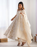 Premium White Banarasi Jacquard Dola Silk Embroidery Anarkali Suit With Dupatta