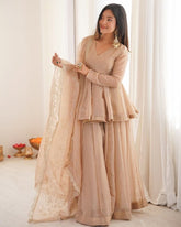 Ready To Wear Cream And Red Pure Taby Organza Silk Sharara Suit With Dupatta