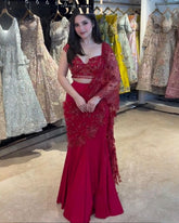 Ready To Wear Crimson Red Soft Butterfly Net Embroidery Lehenga Saree With Blouse