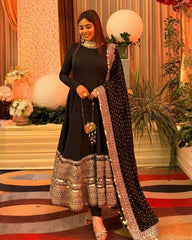 Exclusive Orange Yellow Green Purple Black Silk Embroidery Anarkali Suit With Dupatta