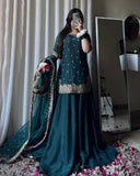 Ready To Wear Maroon Green Heavy Chinon Silk Embroidery Lehenga Kurti With Dupatta