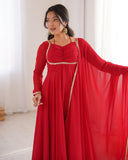 Premium Red Soft Georgette Embroidery Gown Set With Dupatta