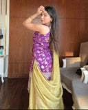Exclusive Yellow Purple Jacquard Silk Embroidery Palazo Kurti With Dupatta