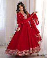 Ready To Wear Red Pure Vichitra Silk Full Kali Embroidery Gown Pant With Dupatta