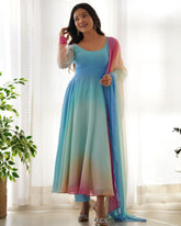 Ready To Wear Multi Pure Georgette Colorful Padding Work Anarkali Suit With Dupatta