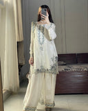 Ready To Wear White Shimmer Silk Embroidery Farshi Salwar Kurti With Dupatta