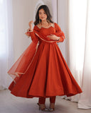 Ready To Wear Orange Chanderi Roman Silk Embroidery Anarkali Suit With Dupatta