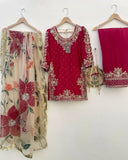 Exclusive Red White Black Jimmy Silk Embroidery Palazo Kurti With Dupatta