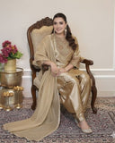 Ready To Wear Rich Golden Fendy Silk Embroidery Farshi Salwar Kurti With Dupatta