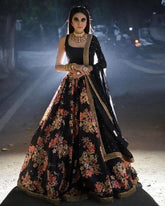 Designer Black Satin Zari Silk Floral Print Work Lehenga Choli With Dupatta
