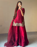 Ready To Wear Red French Silk Embroidery Kurti Palazo With Dupatta