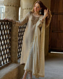 Ready To Wear Champagne Gold Shimmer Silk Kurti Pant With Dupatta