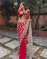 Exclusive Red Fendy Silk Mirror Work Saree With Blouse