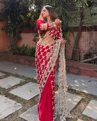 Exclusive Red Fendy Silk Mirror Work Saree With Blouse