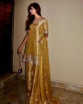 Ready To Wear Mustard Gold Pure Tissue Silk Embroidery Kurti Palazo With Dupatta