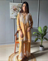 Exclusive Yellow Green Rayon Cotton chikankari Palazo Kurti Set