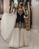 Exclusive Black And White Soft Georgette Embroidery Gharara Suit With Dupatta