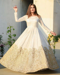 Designer White Chinon Silk Embroidery Work Anarkali Gown With Dupatta