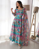 Ready To Wear Sky Organza Floral Printed Anarkali Suit With Dupatta