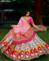 Navratri Special Pink-White Butter Silk Digital Printed Lehenga Choli With Dupatta