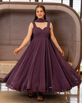Designer Old Mauve Georgette Lace Work Anarkali Suit With Dupatta