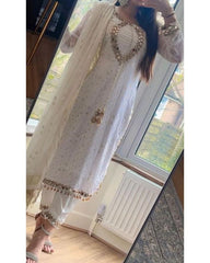 Ready To Wear White Pure Georgette With Fancy Embroidery Thread Work Pant Suit With Dupatta