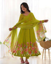 Ready To Wear Green Organza Silk Floral Print Work Anarkali Suit With Dupatta