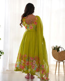 Ready To Wear Green Organza Silk Floral Print Work Anarkali Suit With Dupatta