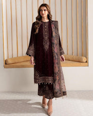 Ready To Wear Wine Micro Velvet Embroidery Work Pant Suit With Organza Dupatta