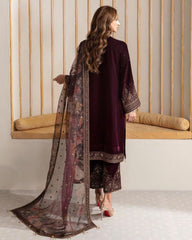 Ready To Wear Wine Micro Velvet Embroidery Work Pant Suit With Organza Dupatta