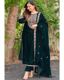 Designer Dark Green Mirco Velvet Embroidery Work Pant Suit With Dupatta