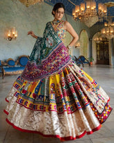 Navratri Special Yellow Butter Silk Multi Printed Lehenga Choli With Green Dupatta