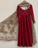 Exclusive Red Chinon Silk Embroidery Work Anarkali Suit With Dupatta