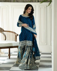 Blue & Cherry Soft Georgette Embroidery Work Gharara Suit With Dupatta