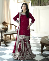 Blue & Cherry Soft Georgette Embroidery Work Gharara Suit With Dupatta