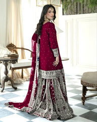 Blue & Cherry Soft Georgette Embroidery Work Gharara Suit With Dupatta