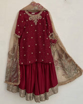 Exclusive Red Chinon Silk Embroidery Work Gharara Suit With Dupatta