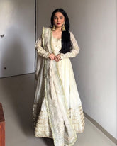 Designer Cream & Pink Chinon Silk Embroidery Work Anarkali Suit With Dupatta