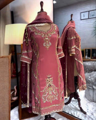 Designer Peach Soft Georgette Embroidery Work Pant Suit With Dupatta