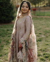 Designer Rose Gold Chinon Silk Embroidery Work Sharara Suit With Dupatta