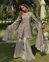 Designer Grey , Sky , Pink & White Crep Silk Embroidery Work Palazo Suit With Dupatta