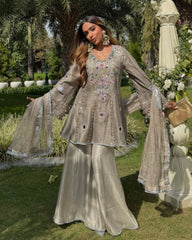 Designer Grey , Sky , Pink & White Crep Silk Embroidery Work Palazo Suit With Dupatta
