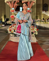 Designer Grey , Sky , Pink & White Crep Silk Embroidery Work Palazo Suit With Dupatta