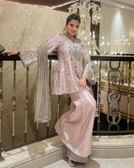 Designer Grey , Sky , Pink & White Crep Silk Embroidery Work Palazo Suit With Dupatta