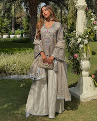 Designer Grey , Sky , Pink & White Crep Silk Embroidery Work Palazo Suit With Dupatta