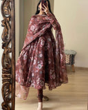 Ready To Wear Brown Organza Floral Printed Anarkali Suit With Dupatta