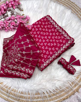 Designer Pink , Yellow & Morpinch Chinon Silk Embroidery Work Saree With Blouse