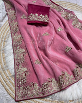 Designer Pink , Sky , Lilac & Pista Chiffon Silk Embroidery Work Saree With Blouse
