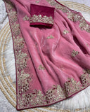 Designer Pink , Sky , Lilac & Pista Chiffon Silk Embroidery Work Saree With Blouse