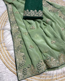 Designer Pink , Sky , Lilac & Pista Chiffon Silk Embroidery Work Saree With Blouse